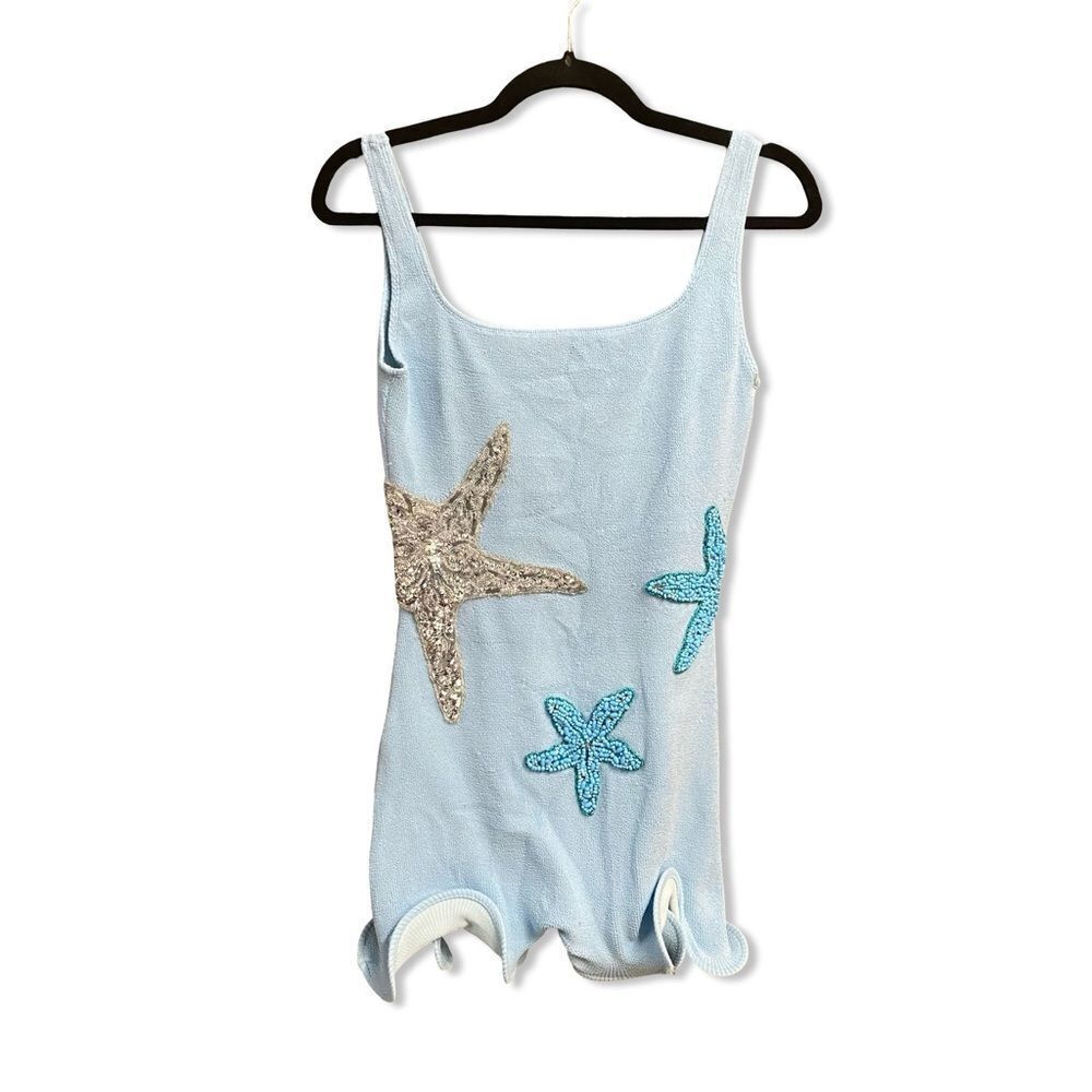 Leslie Amon Starfish Dress Blue beaded stretch mini resort Revolve NWT M - Picture 2 of 12